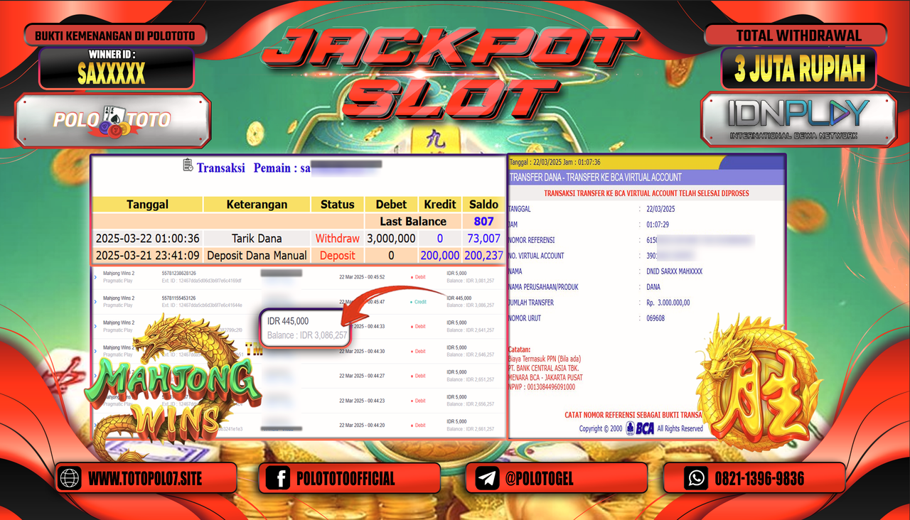 POLOTOTO JACKPOT SLOT MAHJONG WINS 2 Rp.3.000.000,-