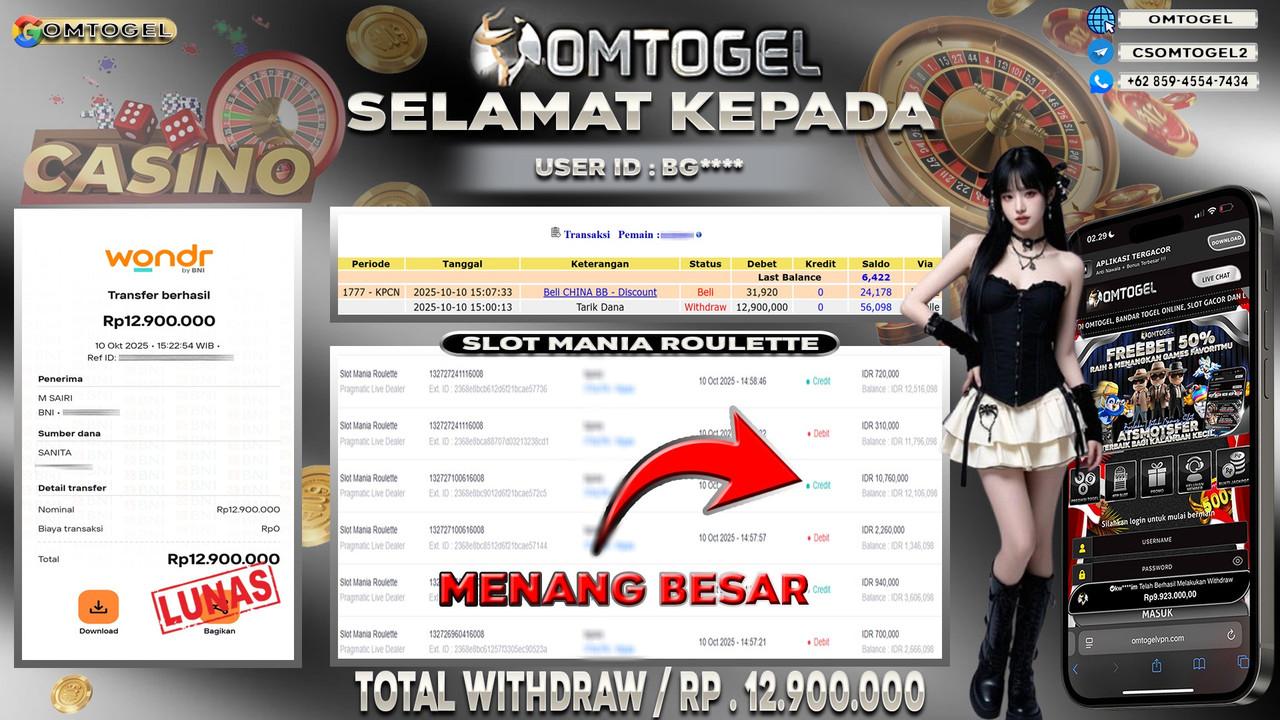 OMTOGEL JACKPOT PRAGMATIC CASINO SLOT MANIA ROULETTE 12 JUTA DI BAYAR LUNAS ,-