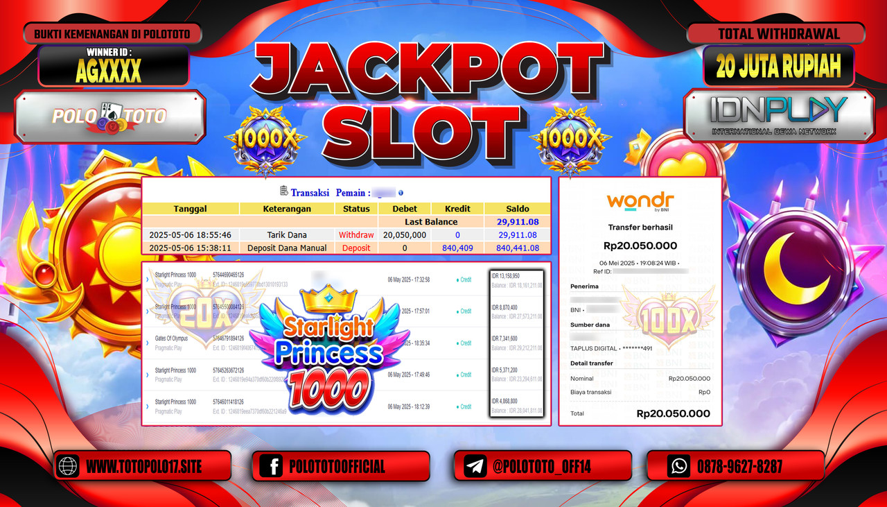 POLOTOTO JACKPOT SLOT STARLIGHT PRINCESS 1000 Rp.20.050.000,-
