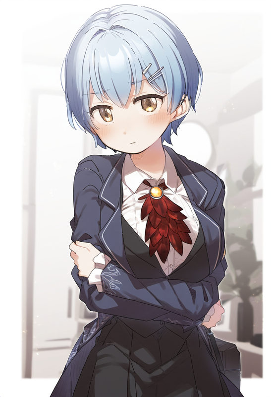 depth of field, 1girl, {{{angela (project moon)}}}, short hair, artist_ yukie (k s-3224707605