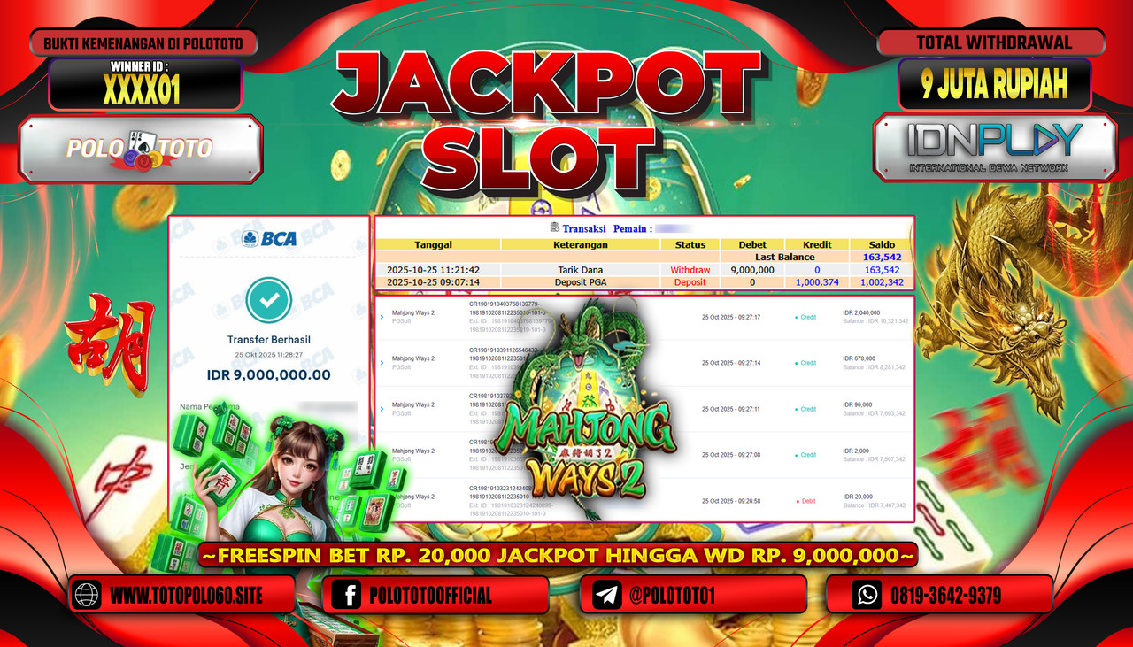 POLOTOTO JACKPOT SLOT MAHJONG WAYS 2 Rp.9.000.000,- LUNAS
