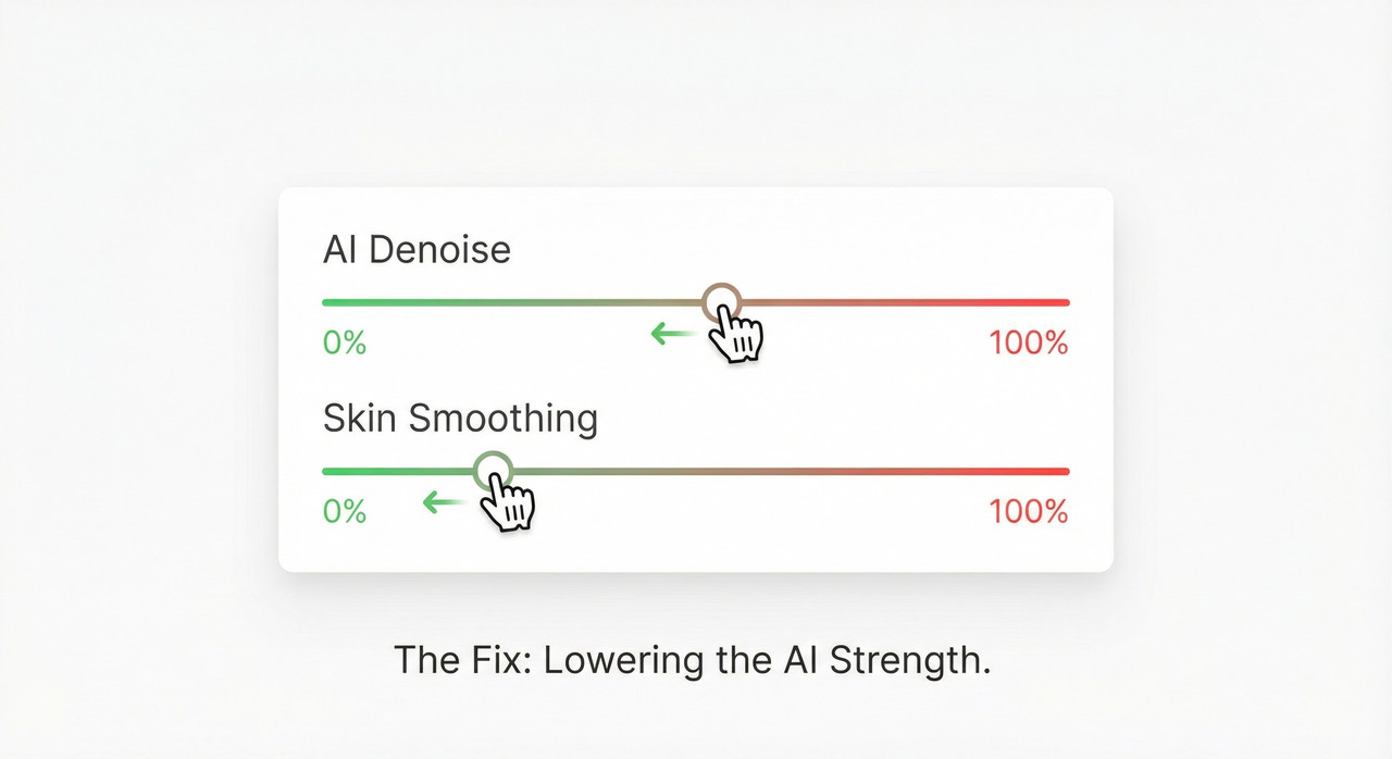 UI interface of photo editing software showing AI Denoise sliders being turned down to zero