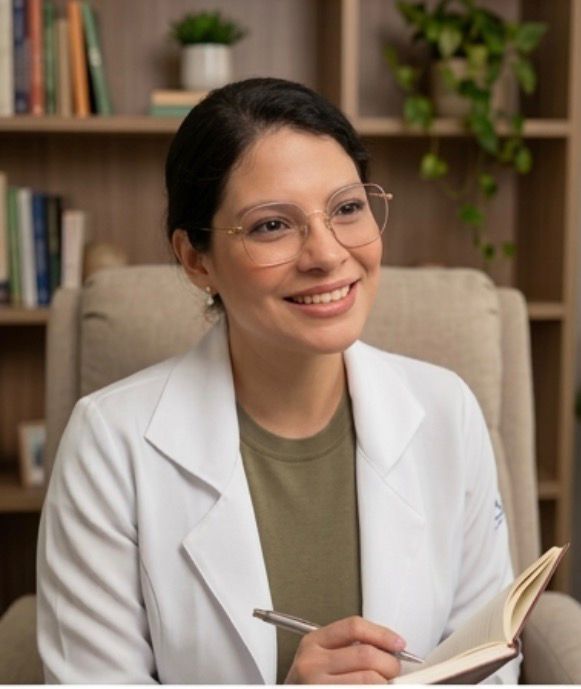 Psicóloga Mirella Lippi em ambiente profissional de atendimento