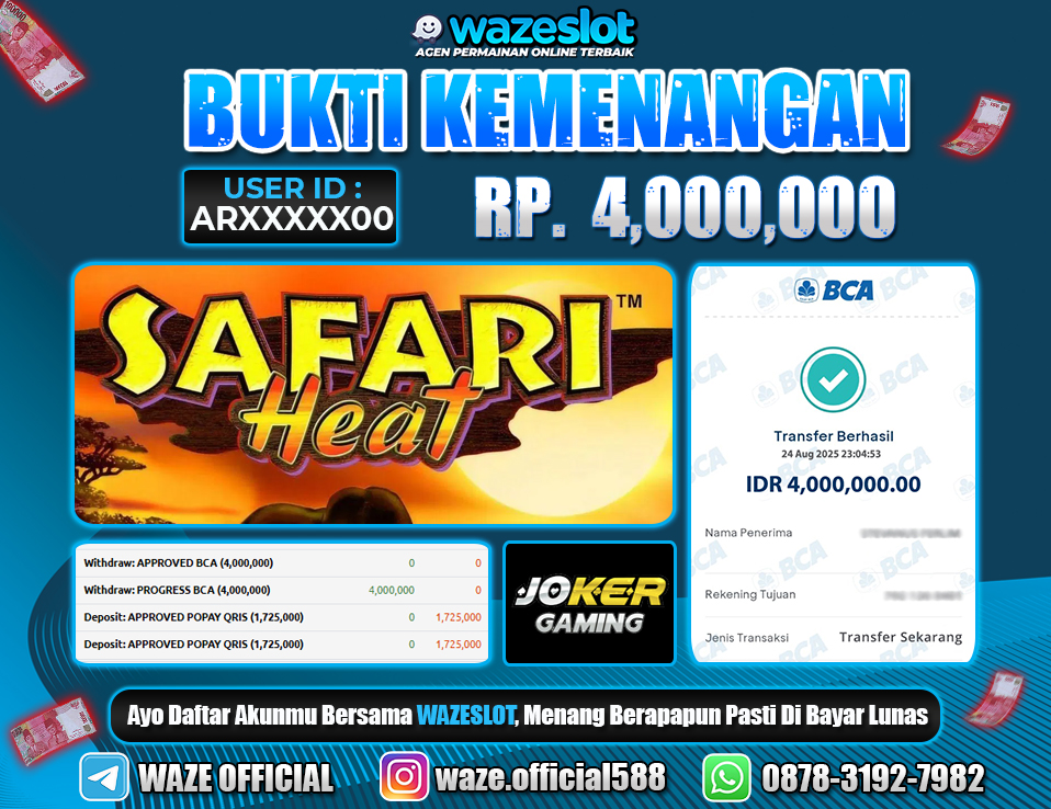 BUKTI KEMENANGAN 25 AGUSTUS 2025 GAME SAFARI HEAT ( JOKER GAMING ) 