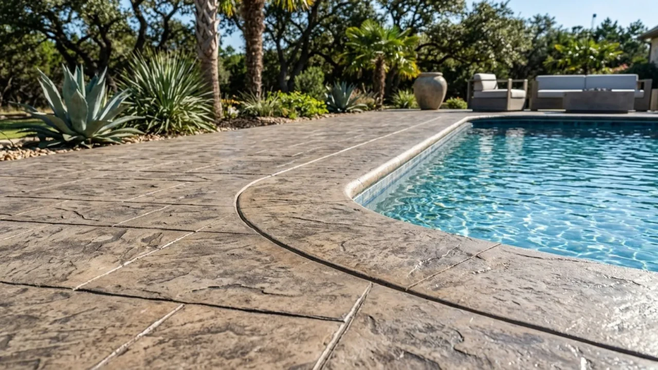 Seamless stamped concrete pool coping transition in San Antonio backyard