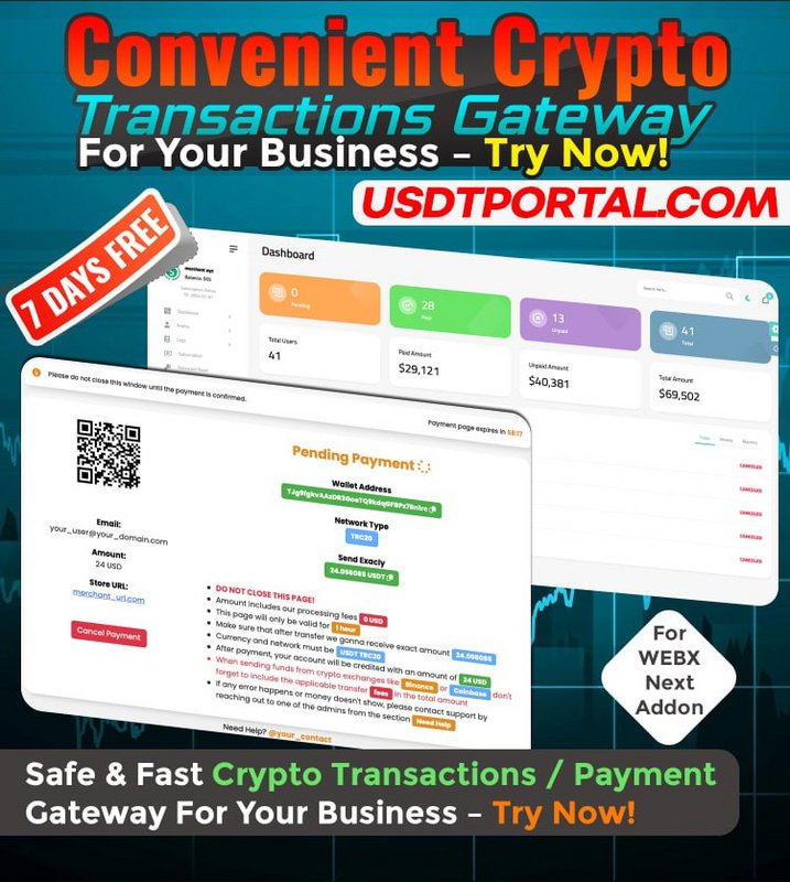 Auto Payment system USDT TRC20 & ERC20 for WEBX Next Owner 7 day free