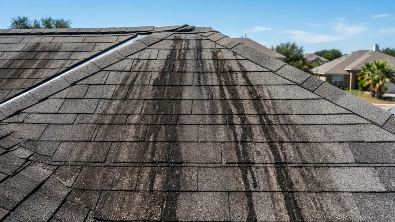 Roof algae dark streaks on San Antonio asphalt shingles before treatment