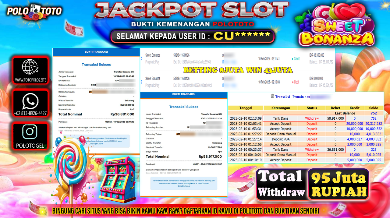POLOTOTO JACKPOT SLOT SWEET BONANZA 1000 Rp.95,798.000,-