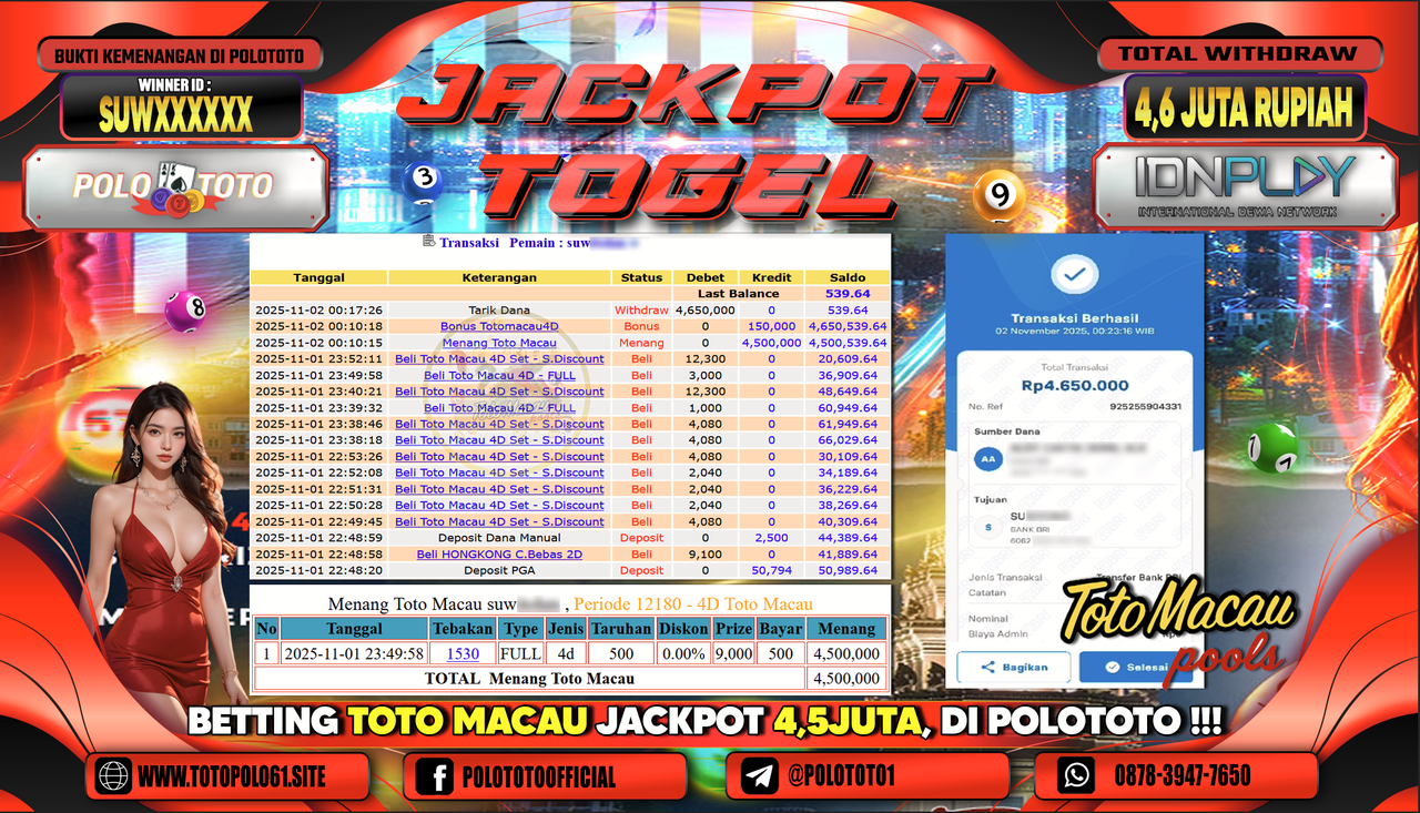 POLOTOTO JACKPOT TOGEL MENANG TOTO MACAU Rp.4.600.000,- LUNAS