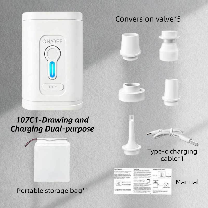 White Wireless Rechargeable Vacuum Pump with 5 Versatile Nozzles - 2-in-1 Compact High-Suction Inflator & Deflator for Travel & Home