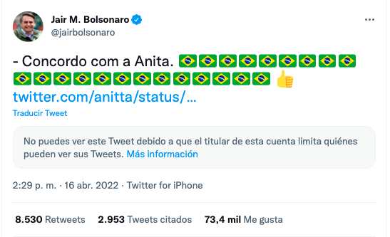 Anitta bloquea en Twitter al presidente de Brasil por comentario “irónico”