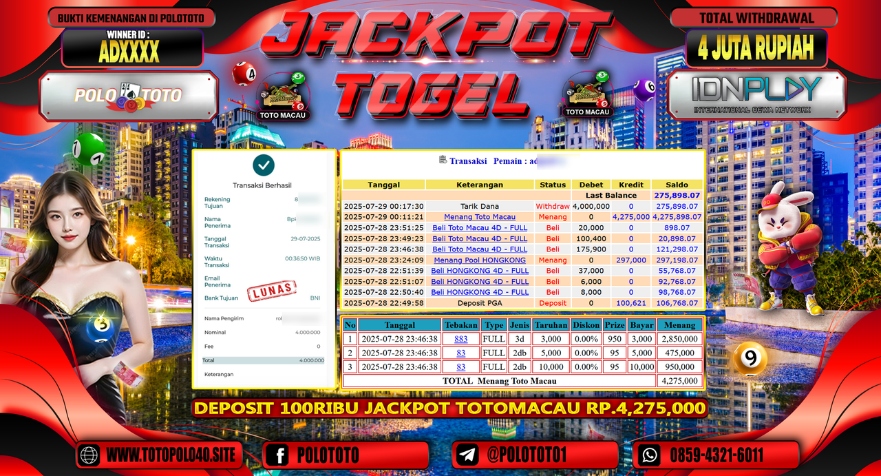 POLOTOTO JACKPOT TOGEL TOTO MACAU Rp.4.000.000,- LUNAS