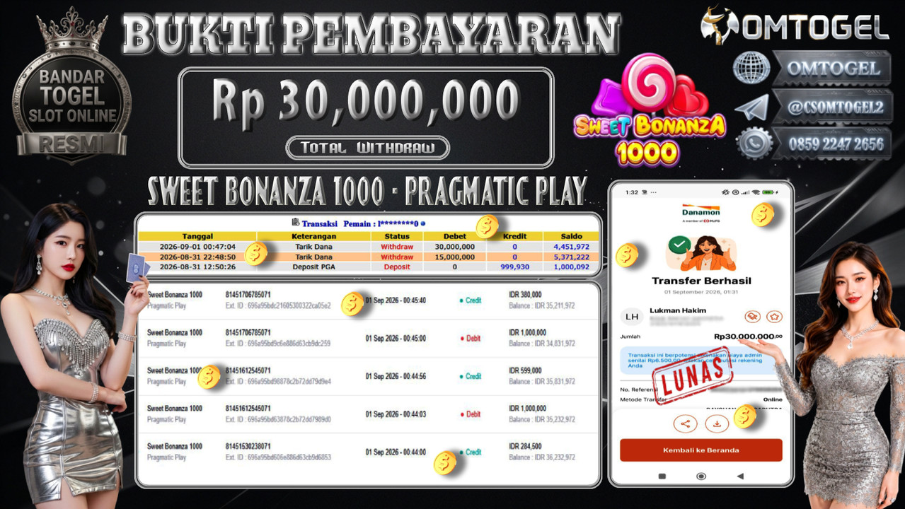 OMTOGEL JACKPOT PRAGMATIC PLAY SWEET BONANZA 1000 Rp.30,000,000,- DIBAYAR LUNAS 