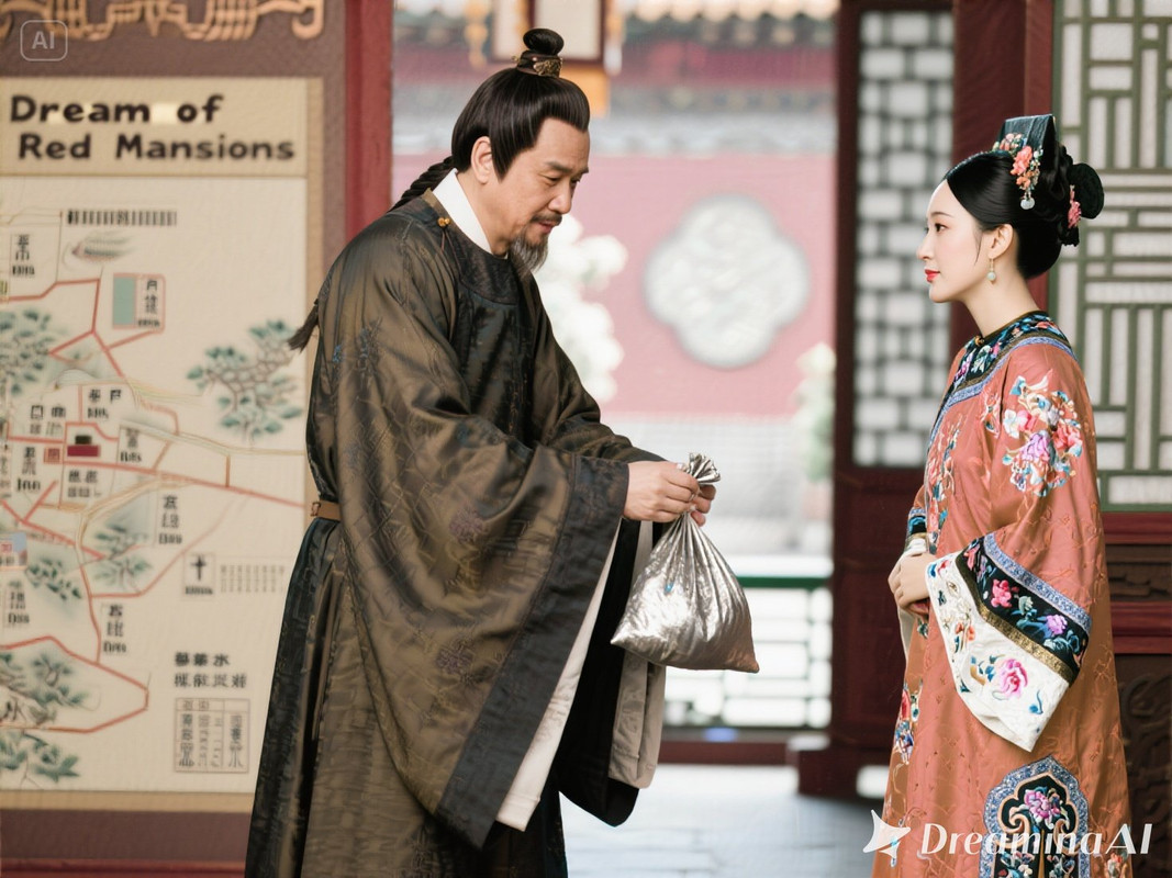 dreamina-2025-10-04-8421-紅樓夢情境圖，一個明代漢服中年男子拿一包銀子給一個明代漢服夫人王熙鳳，旁邊有丫環...