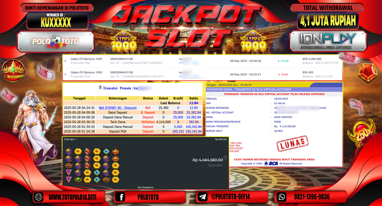 POLOTOTO JACKPOT SLOT GATES OF OLYMPUS 1000 Rp.4.114.000,-