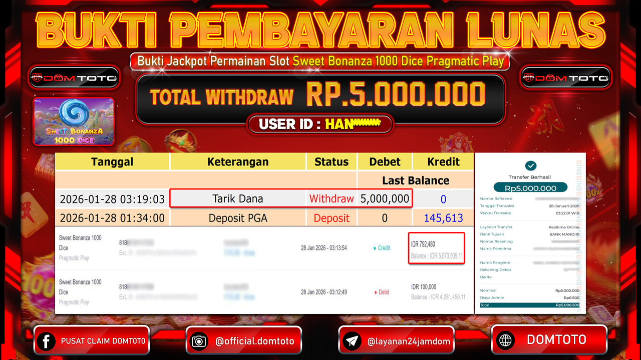 JACKPOT SLOT Sweet Bonanza 1000 Dice Pragmatic Play 28 JANUARI 2026