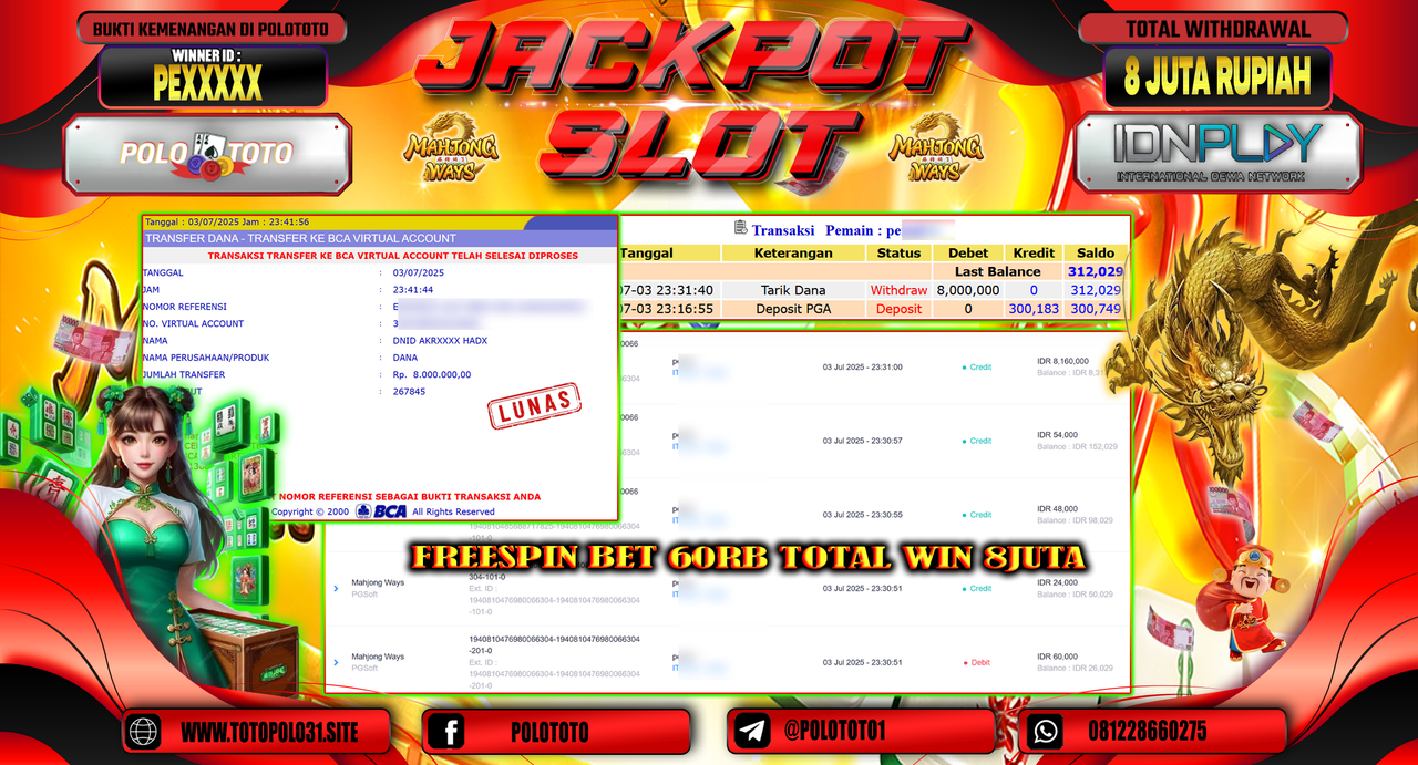 POLOTOTO JACKPOT SLOT MAHJONG WAYS Rp.8.000.000,-