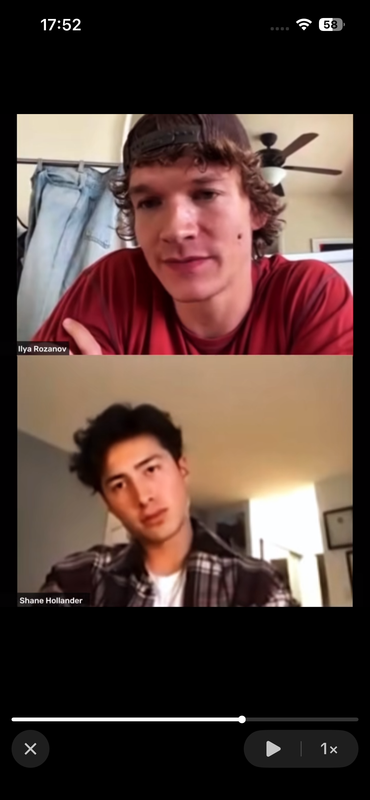 Screenshot of Instagram Live: Ilya on top in a red t-shirt and backward cap, Shane on bottom in a plaid flannel