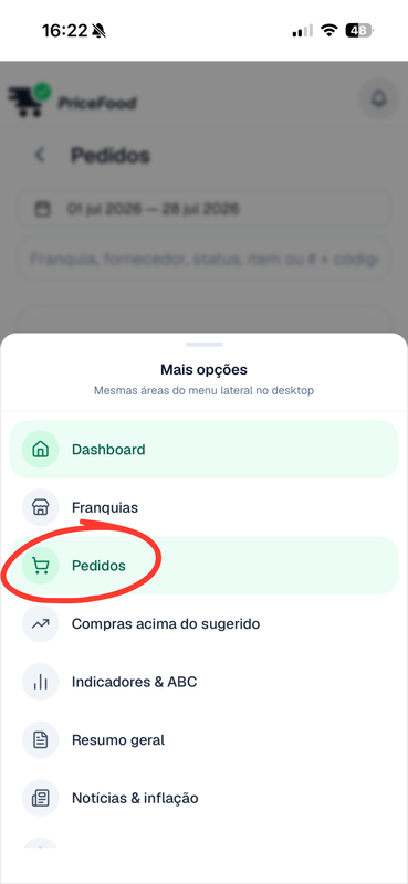 Acessar Pedidos pelo menu Mais