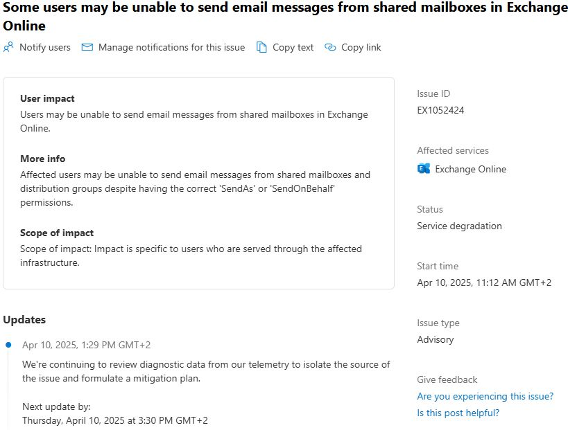 Exchange Online issue EX1052424 