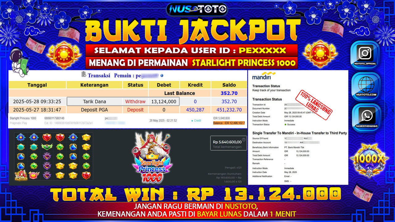 JACKPOT !! MENANG BESAR DI SLOT STARLIGHT PRINCESS 1000 Rp. 13.124.000 LANGSUNG DI BAYAR LUNAS NUSTOTO !!