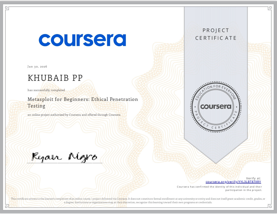 Metasploit for Beginners: Ethical Penetration Testing certificate thumbnail