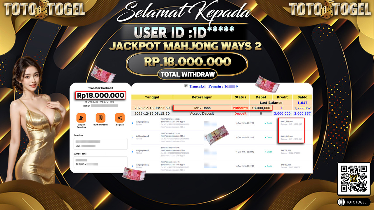 Bukti Pembayaran Jackpot Permainan Slot Mahjong Ways 2 ID:1D***** LUNAS