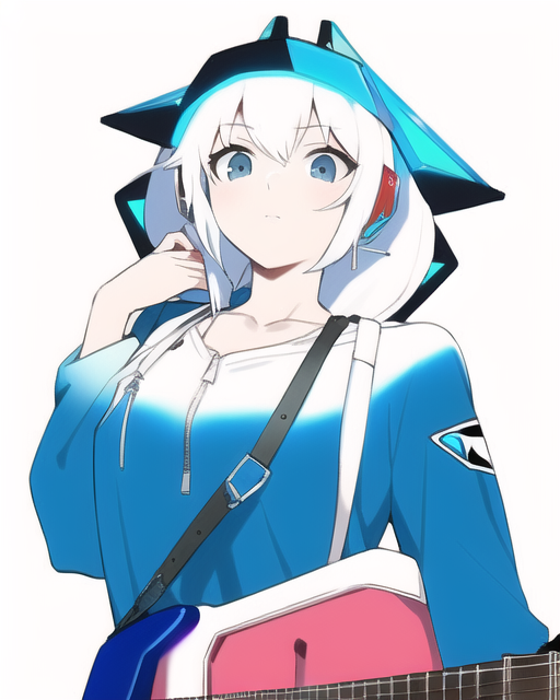 _guitar, 1girl, cyberpunk, white hair, blue hair,  s-4223628579