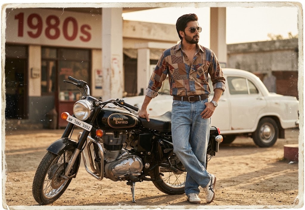 AI-generated example result for the Creative Images prompt: Retro Royal Enfield Motorcycle Portrait by Prompt Craft
