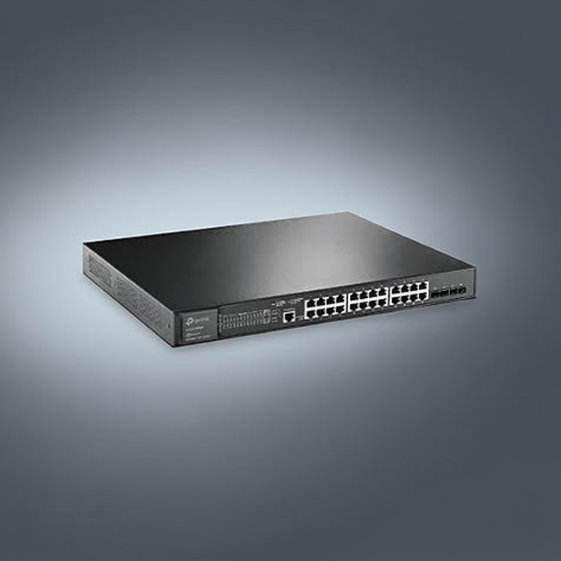Switch TP-Link TL-SG3428XMP em um close-up, destacando a qualidade de construção.