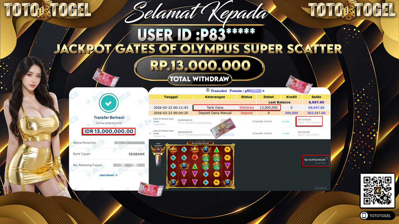 Bukti Pembayaran Jackpot Permainan Slot Gates Of Olympus Super Scatter ID:P83*****LUNAS