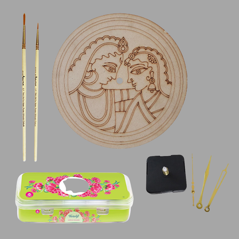 Madhubani painting on Engraved Round MDF Clock Hobbyist level DIY Kit 