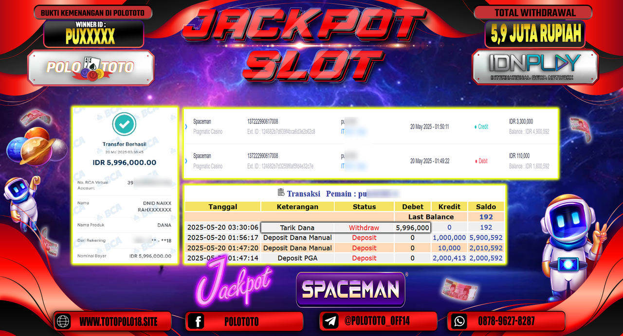 POLOTOTO JACKPOT SLOT SPACEMAN Rp.5.996.000,-