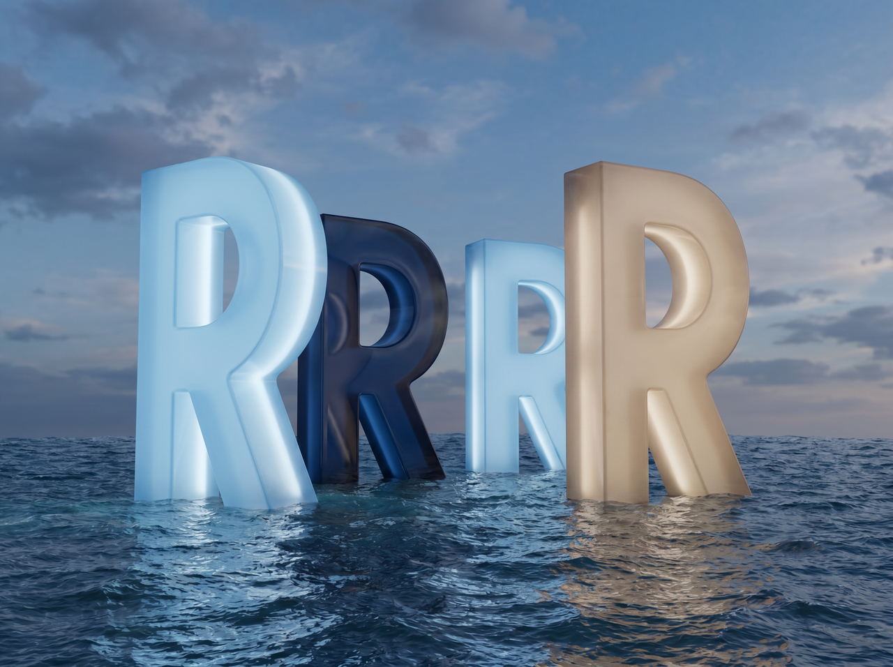 Four 3D letter "R" structures emerging from the sea, representing the recognition, regulation, reconstruction, and redefinition phases of The Reina Method™ framework. for lawyer wellbeing