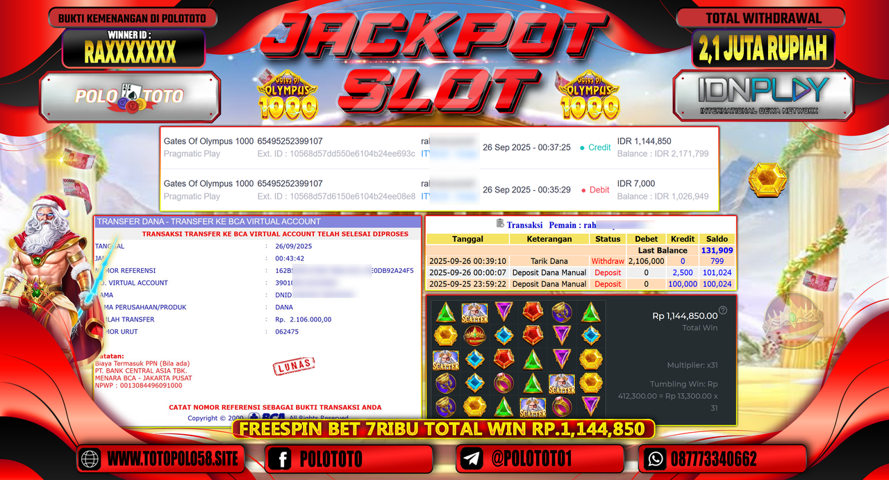 POLOTOTO JACKPOT SLOT GATES OF OLYMPUS 1000 Rp.2.100.000,- LUNAS