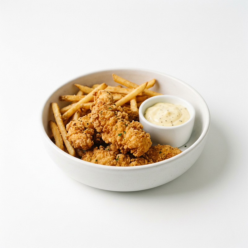 Bowl de Pollo crispy y Patatas fritas y salsa yogurt