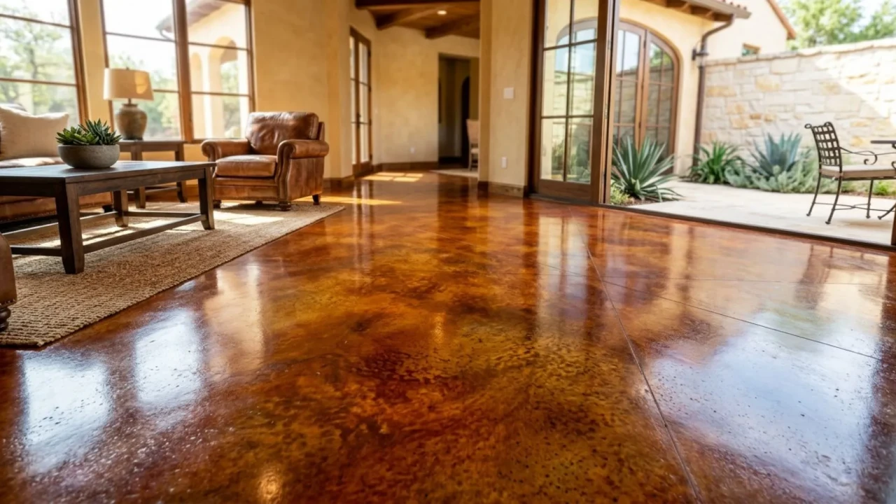 Stained concrete floor in a San Antonio home showing rich penetrating color