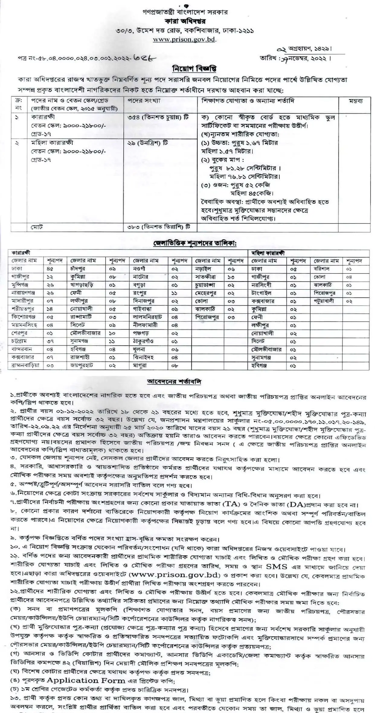 কারা অধিদপ্তর নিয়োগ বিজ্ঞপ্তি ২০২২