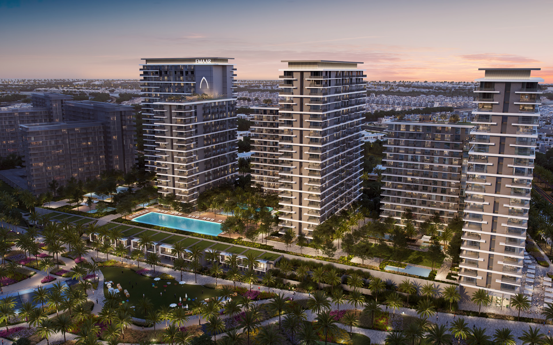Palace Residences - Tower 1 Distress Deal luxury exterior architectural view in Dubai Hills by Emaar showing modern high-rise residences, landscaped podium, and premium waterfront-inspired lifestyle setting