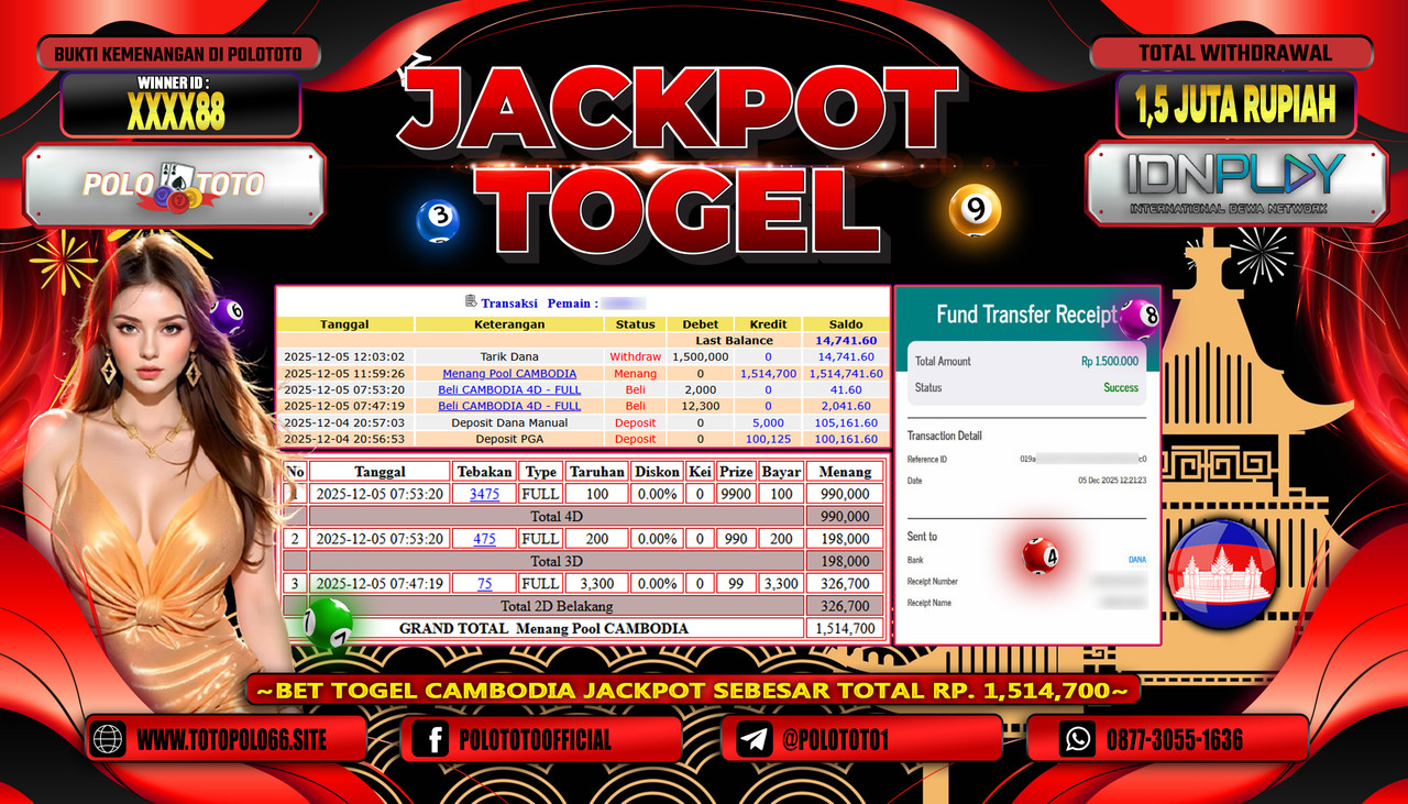 POLOTOTO JACKPOT TOGEL POOL CAMBODIA  Rp.1.500.000,- LUNAS