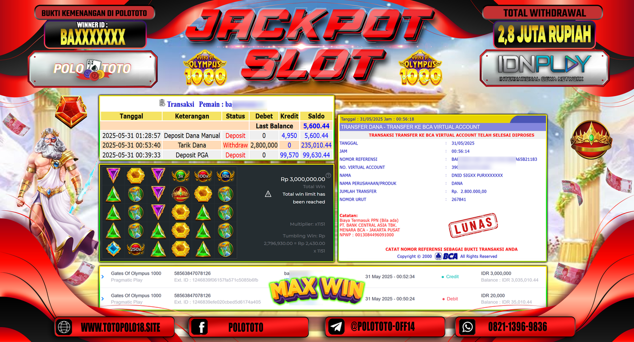 POLOTOTO JACKPOT SLOT GATES OF OLYMPUS 1000 Rp.2.800.000,-