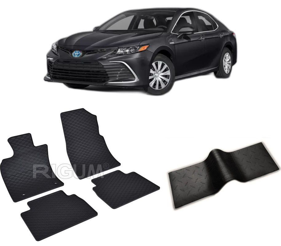 Set covorase auto TOYOTA CAMRY HYBRID din 2018-PREZENT, cu covoras tunel median, CAROSERIE SEDAN, Presuri cauciuc 100%, compatibil cu autoturismul TOYOTA CAMRY HYBRID, Rigum