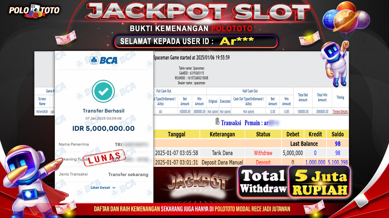 POLOTOTO JACKPOT SLOT SPACEMAN Rp.5,000.000,-