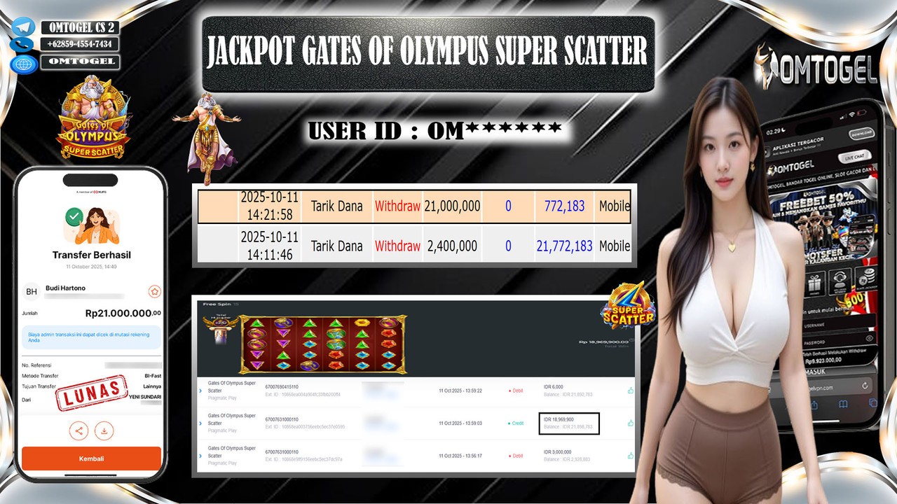 OMTOGEL JACKPOT PRAGMATIC PLAY GATES OF OLYMPUS SUPER SCATTER 21 JUTA DI BAYAR LUNAS ,-
