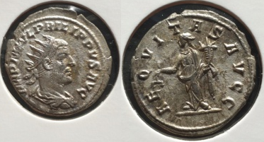 Antoniniano de Filipo I. AEQVITAS AVGG. Aequitas estante a izq. Roma. 6