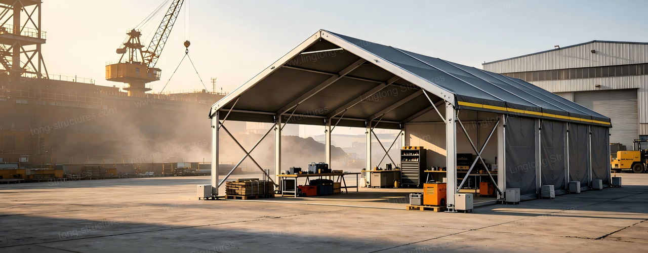 Workers rest tent setup on construction site with aluminum frame and PVC cover