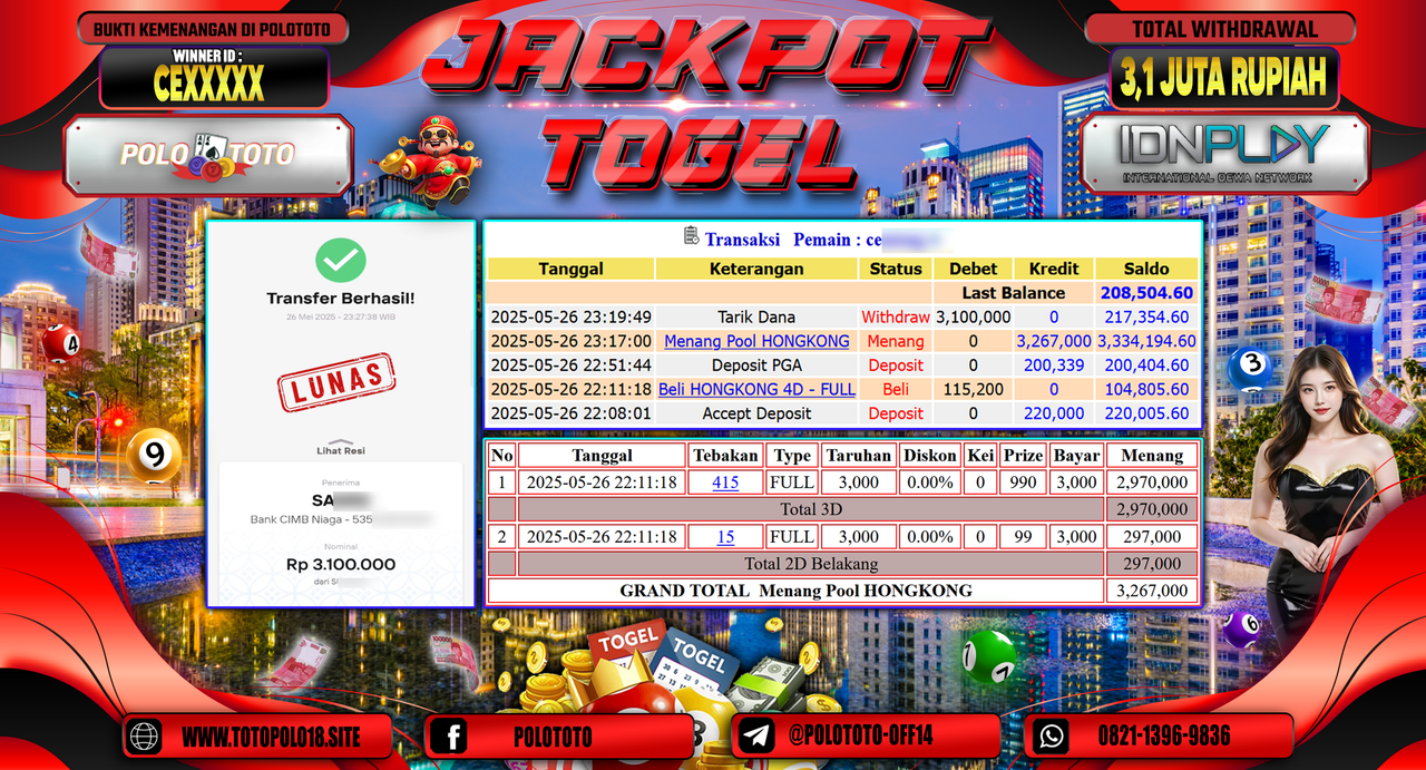 POLOTOTO JACKPOT TOGEL HONGKONG LOTTO Rp.3.100.000,-