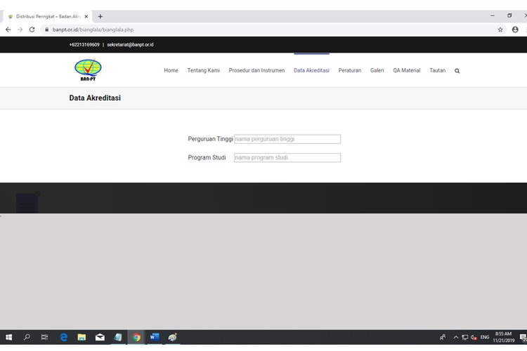 Screenshot pencarian akreditasi perguruan tinggi dan program studi