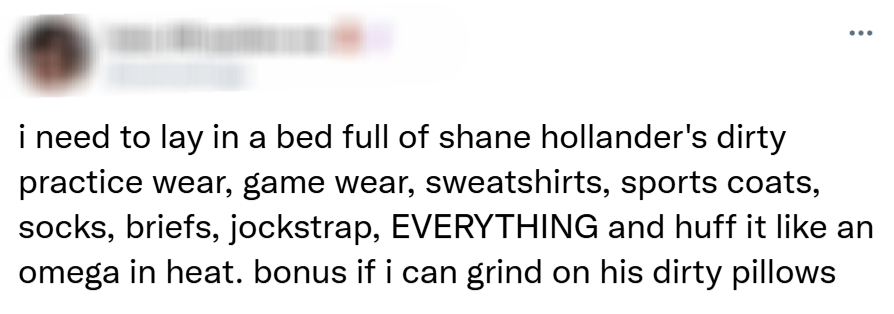 i need to lay in a bed full of shane hollander's dirty practice wear, game wear, sweatshirts, sports coats, socks, briefs, jockstrap, EVERYTHING and huff it like an omega in heat. bonus if i can grind on his dirty pillows