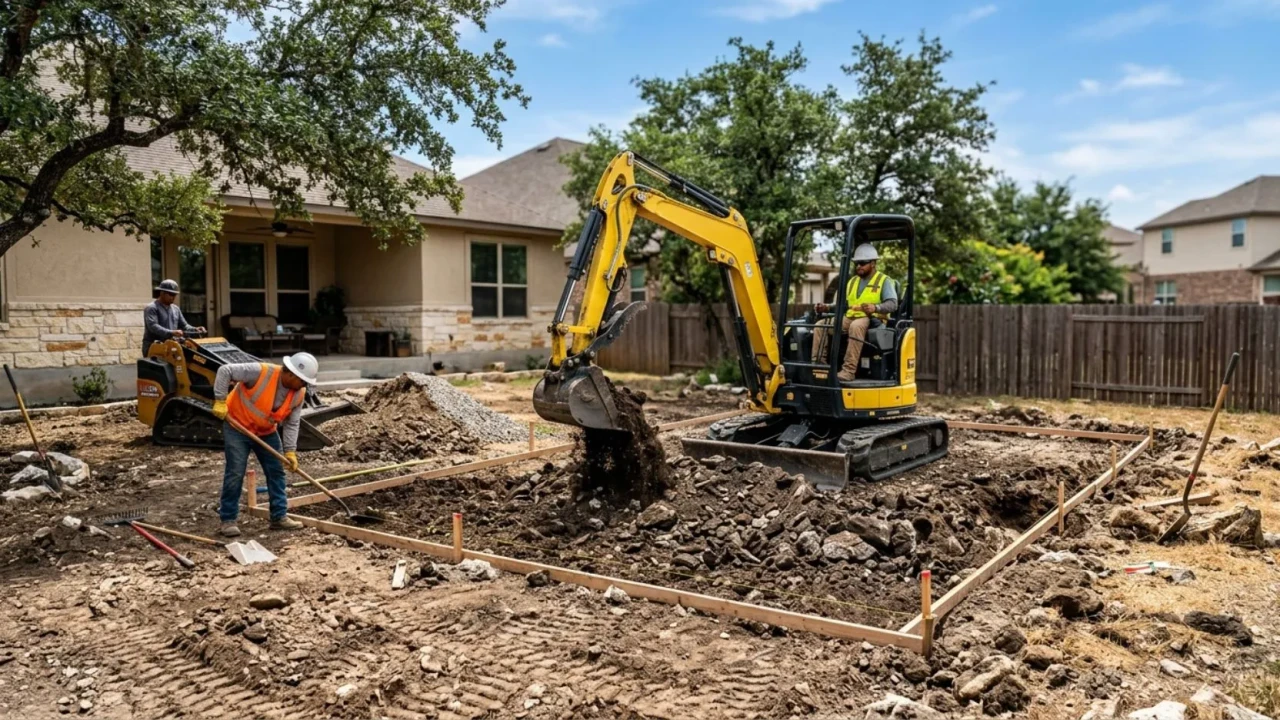 Concrete patio site preparation and excavation in San Antonio backyard